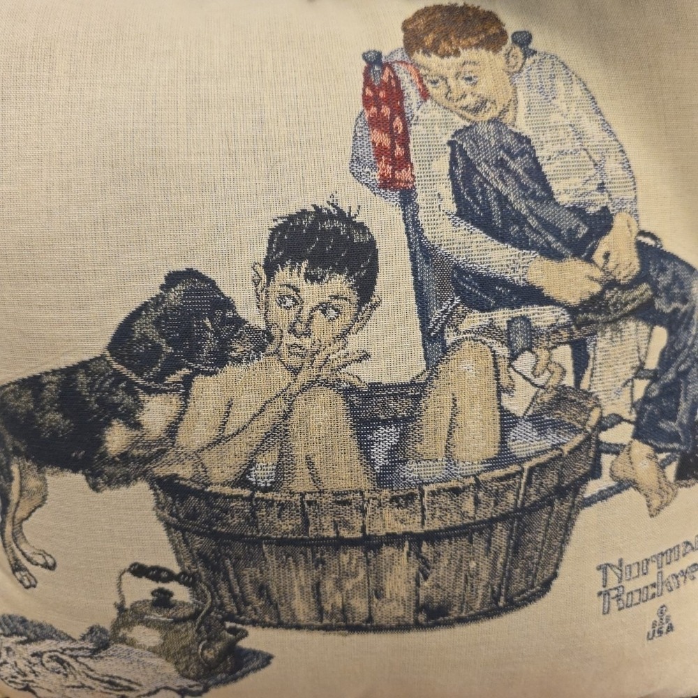 Vintage Norman Rockwell  15"×15"  Dog Themed Pillow "Lickin Good Bath" USA Made - Picture 4 of 7